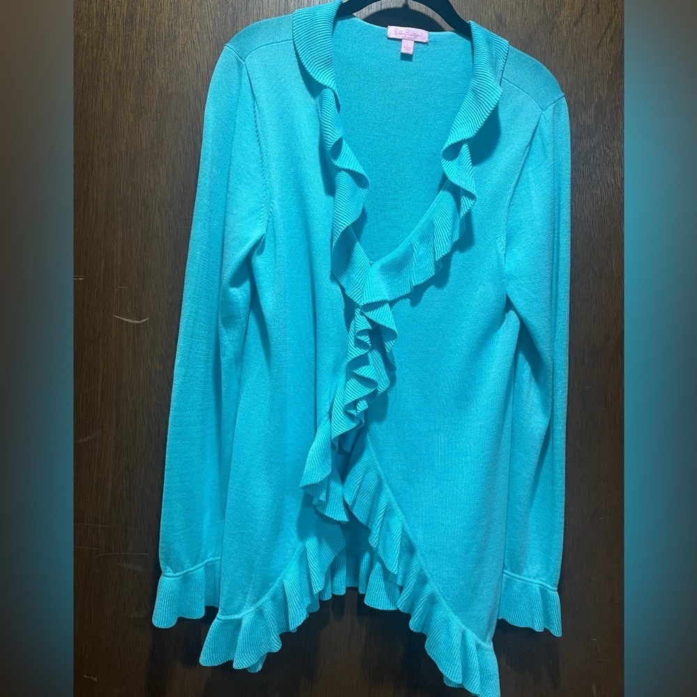 Lilly Pulitzer Ruffle Trim Cardigan Sweater Blue Cotton Women’s L